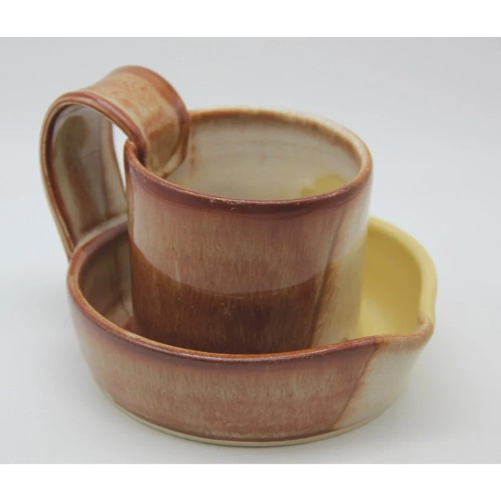 Handmade Pottery Microwave Bacon Cooker Yellow Brown Reactive Glaze Heavy Signed